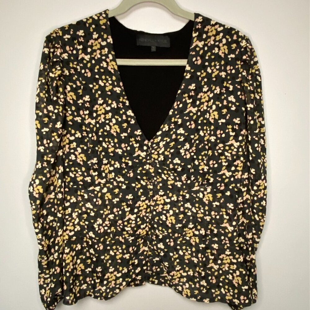 Kendall &‎ Kylie Sheer Navy Button-up Deep V-Neck Blouse Balloon Sleeves size M